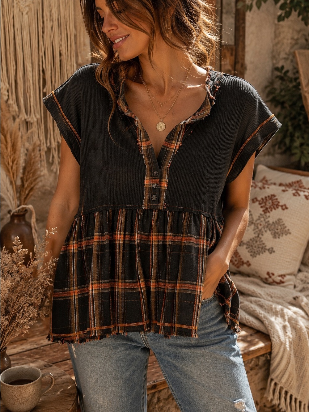 POL Thermal Plaid Babydoll Top Small Boho Grunge Oversized Tunic